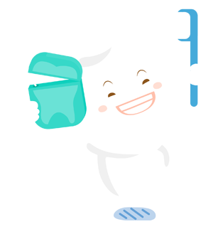 Happy cartoon tooth holding floss and toothbrush.